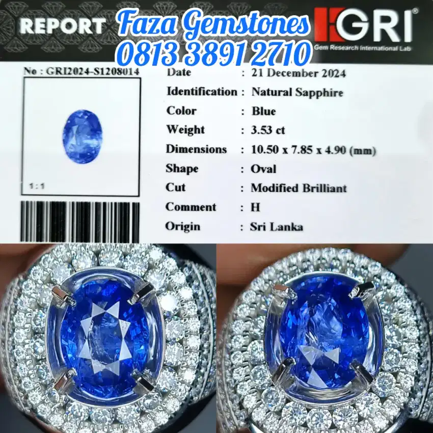 HQ Blue Sapphire Srilanka~3.53ct~GRI~Like Cornflower Blue, Full Luster