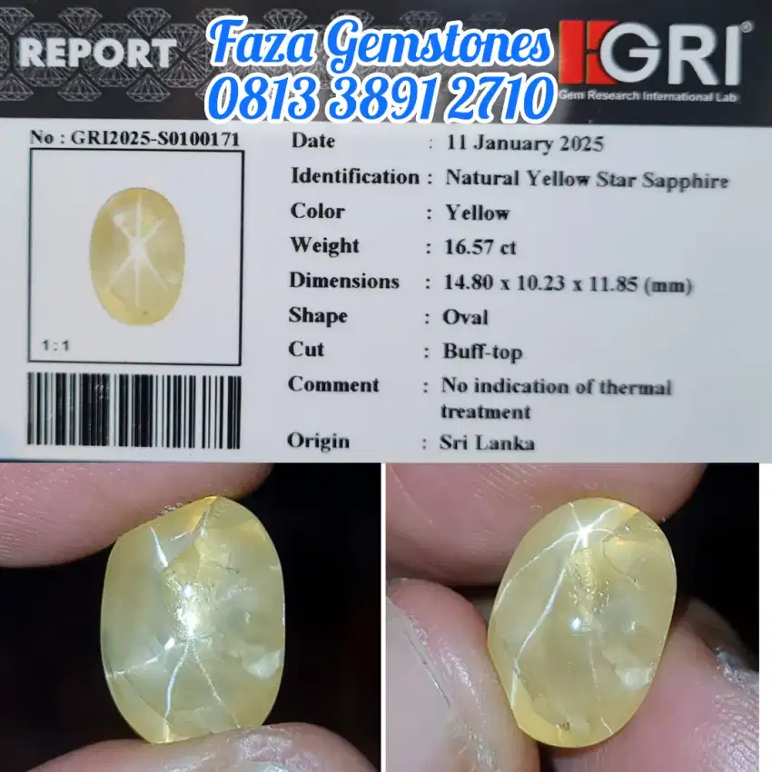 Jumbo 16.57 ct Yellow Star Sapphire Srilanka No Heated ~GRI~Recomended