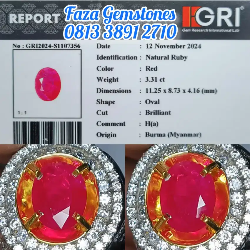 HQ Red Ruby Burma~3.31ct~Open Luster, Meja Lebar, realnya lebih merah