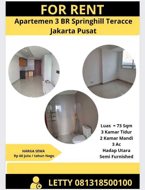 Disewakan Apartemen Springhill 3 BR  Rp 55 Juta / tahun Nego