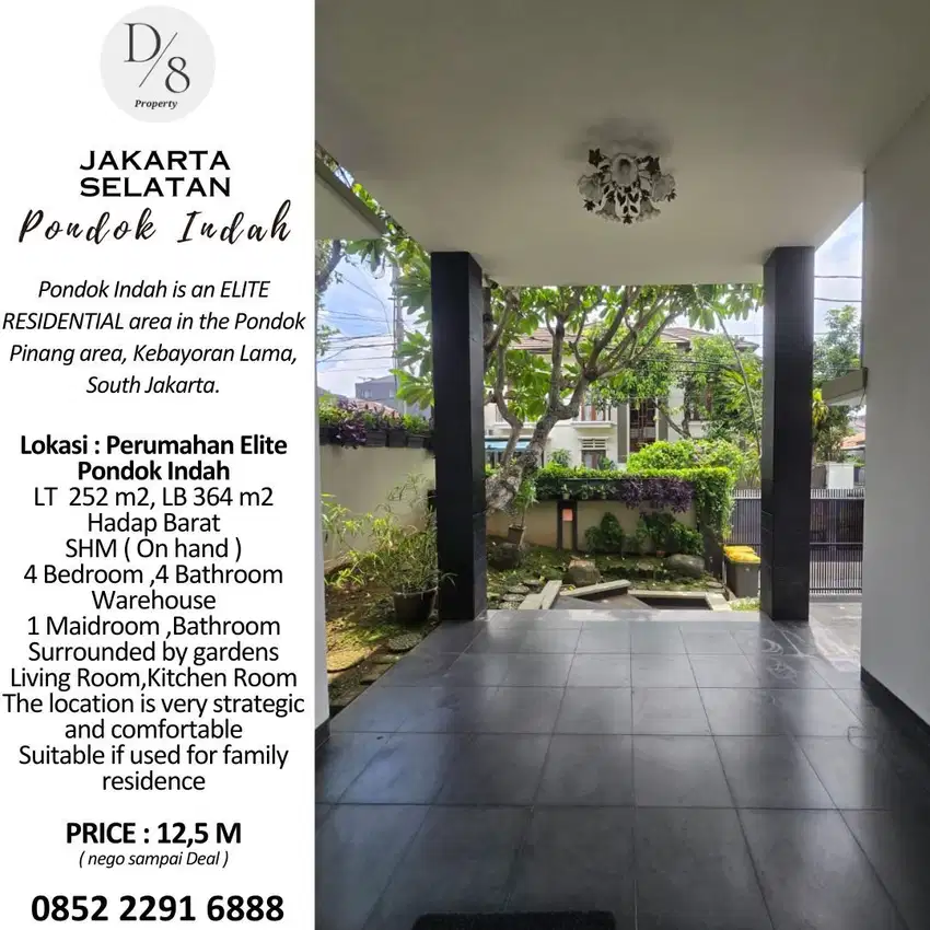 Jual RUMAH PONDOK INDAH 252m2, Harga 12,5M, Perumahan Elite di JAKARTA