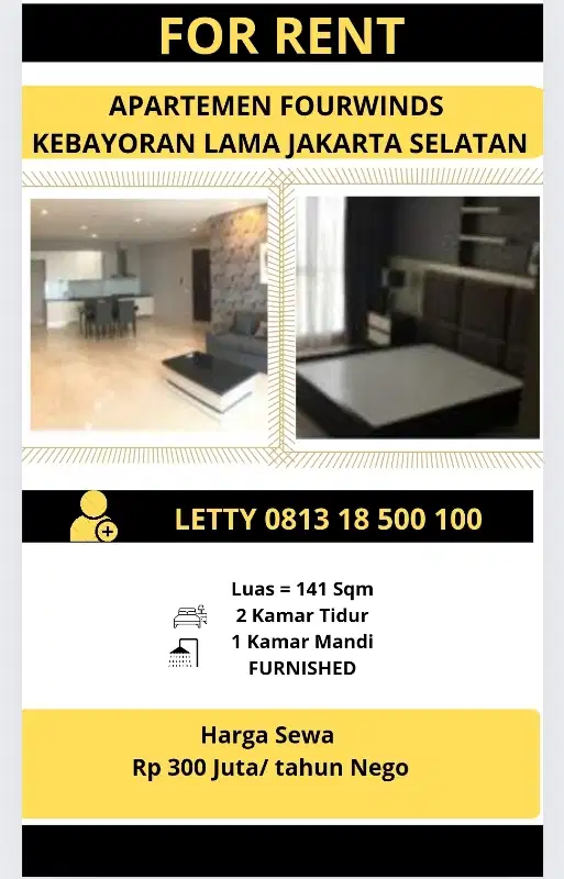 Apartemen Foitwinds 2 BR Kebayoran Rp 300 Juta / tahun Nego