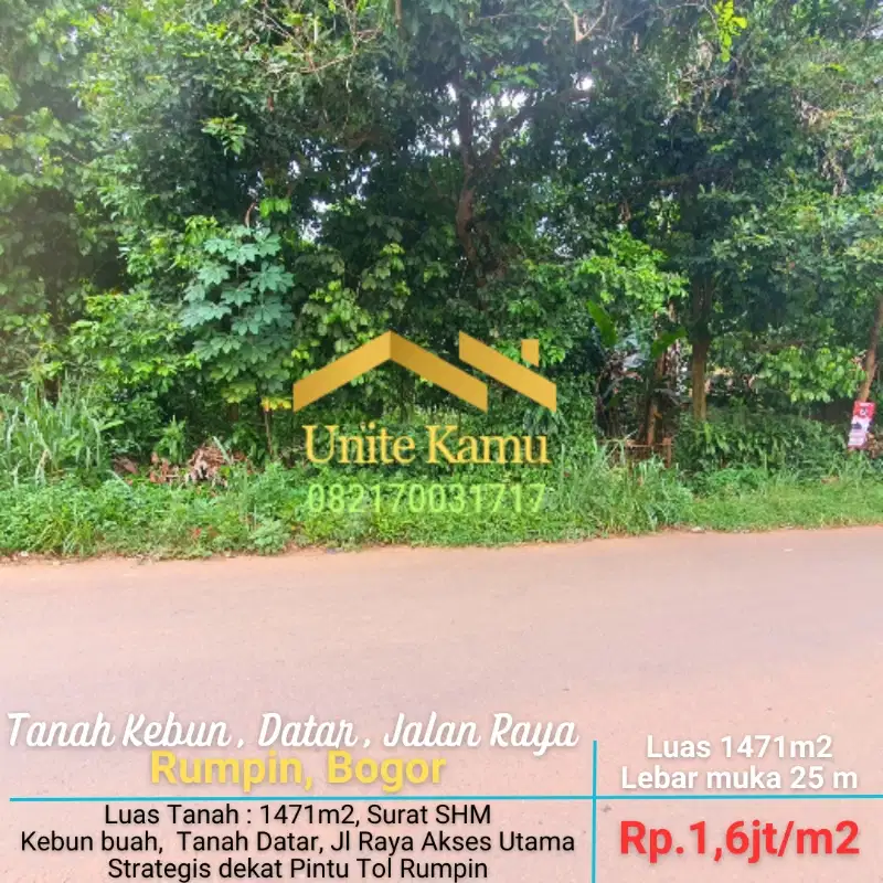 Tanah Kebun buah di rumpin, akses jalan besar, Lt.1471m2 Rp1,6jt/m2