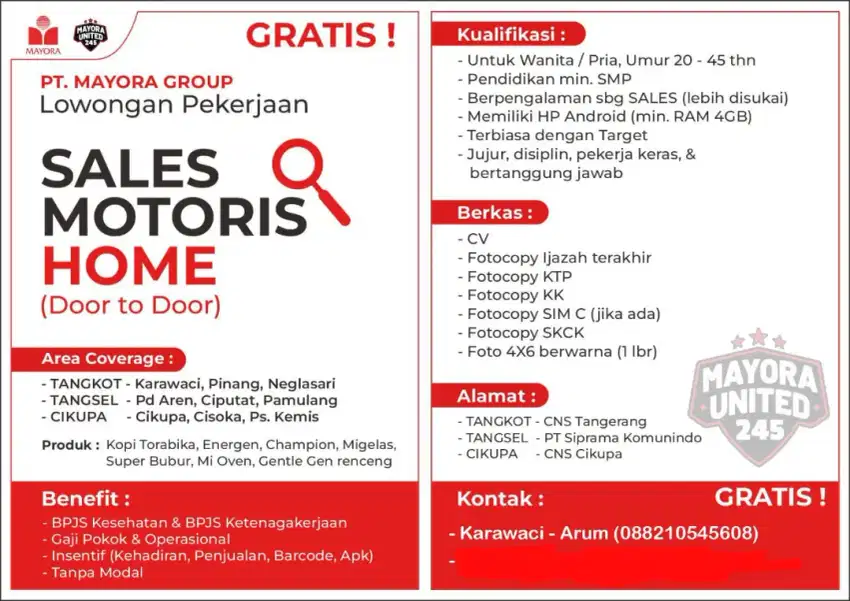 LOWONGAN KERJA SALES MAYORA MOTORIS DOOR TO DOOR