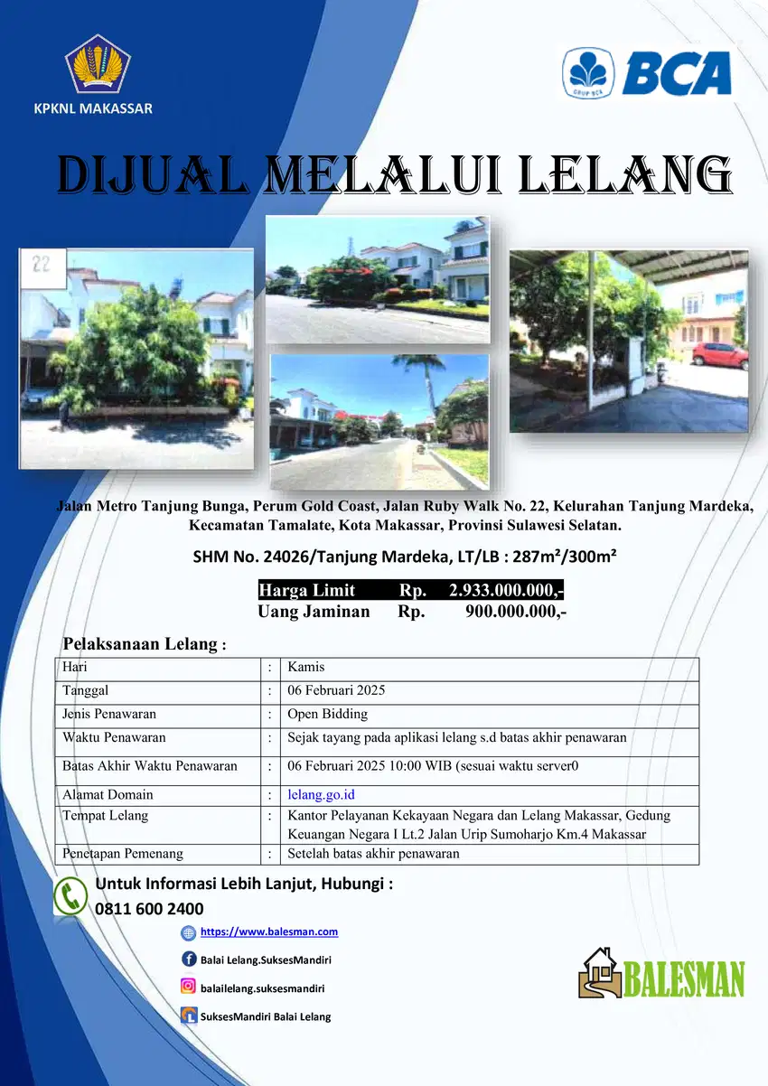 DIJUAL RUMAH MELALUI LELANG WILAYAH MAKASSAR !