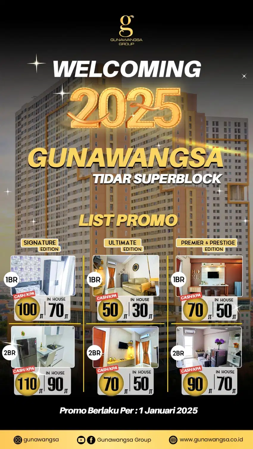 Jual Apartemen Murah Surabaya Pusat Kota Gunawangsa Tidar 1/2 BR Baru