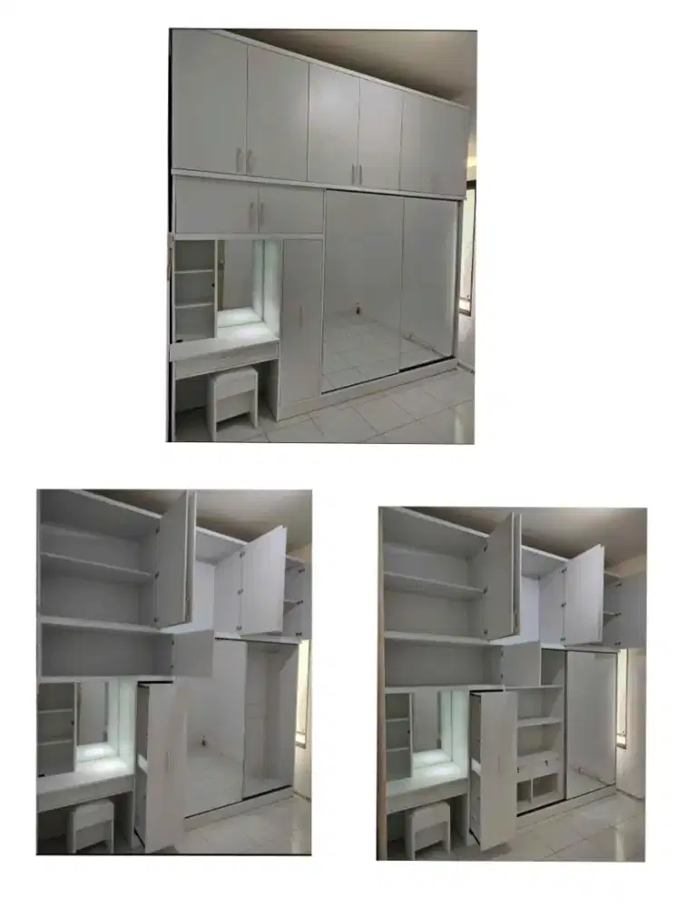 3 pintu kabinet sliding door full kaca, tempat penyimpanan baju