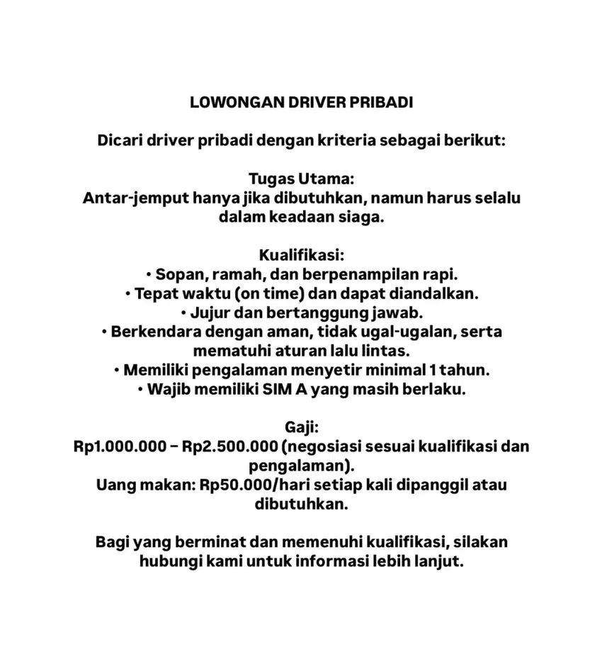 DICARI DRIVER PRIBADI