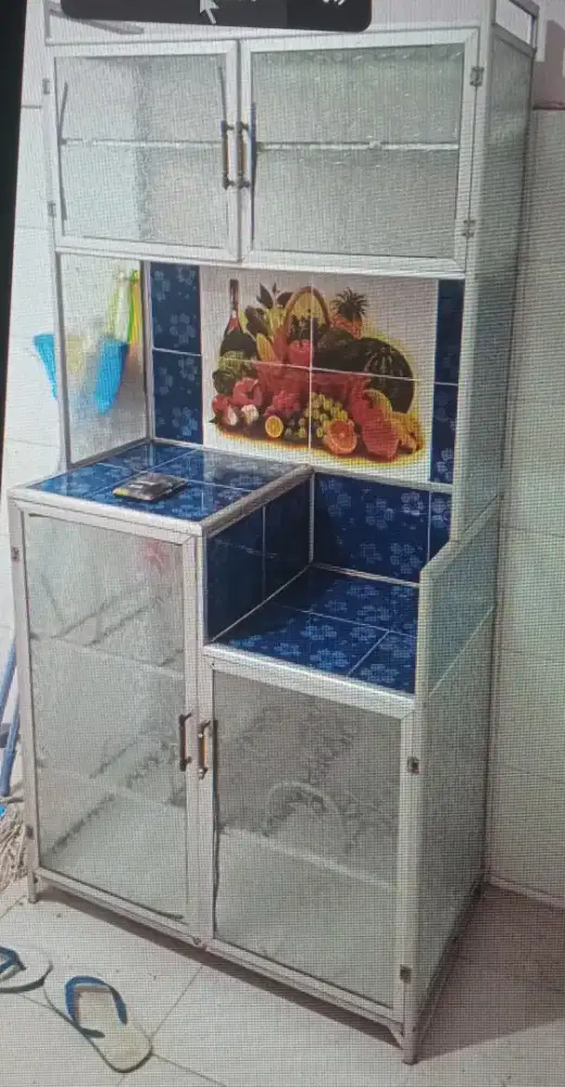Obral sgt murah banget rak piring kaca 2 pintu atas bawah biru