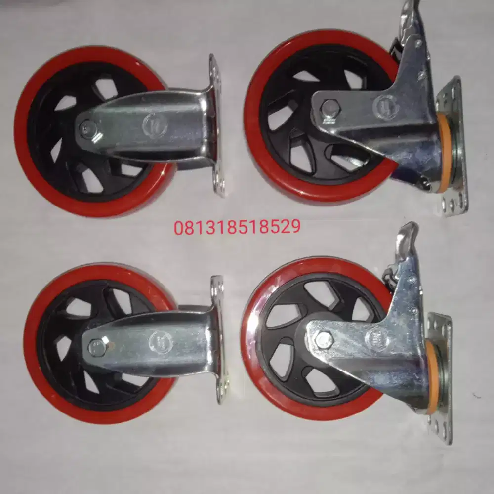 Roda PU 5 inch Warna Merah Per Set Terdiri Dari 2 Roda Hidup + 2 Mati