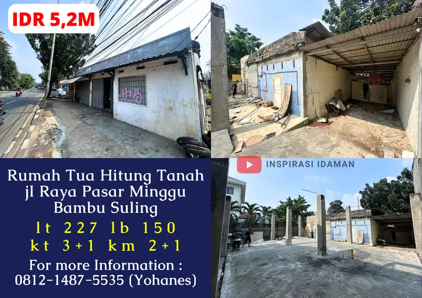 Jual Cepat Rumah tua hitung Tanah jl Raya Pasar Minggu Bambu Suling