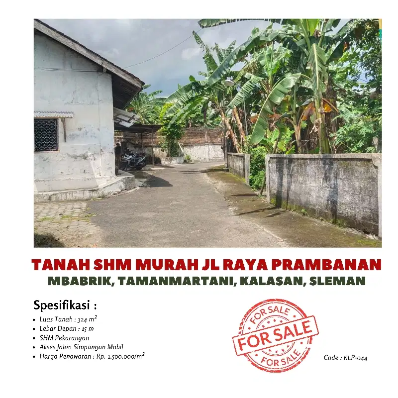 Tanah murah 1jtan dekat jl raya prambanan kalasan 324 m2