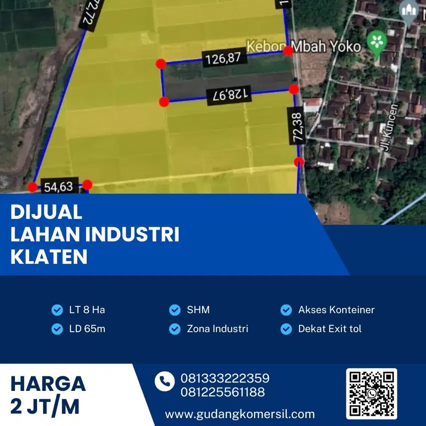 Dijual Lahan Zona Industri,Lokasi Delanggu Klaten,Luas 8 Ha