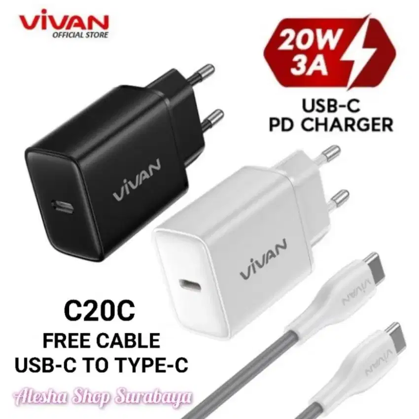 VIVAN C20C Charger USB-C PD20W QC 3A Fast Charging & Kabel Type-C To C