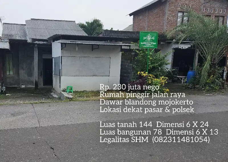 Rumah pinggir jalan raya dawar mojokerto lokasi dekat pasar