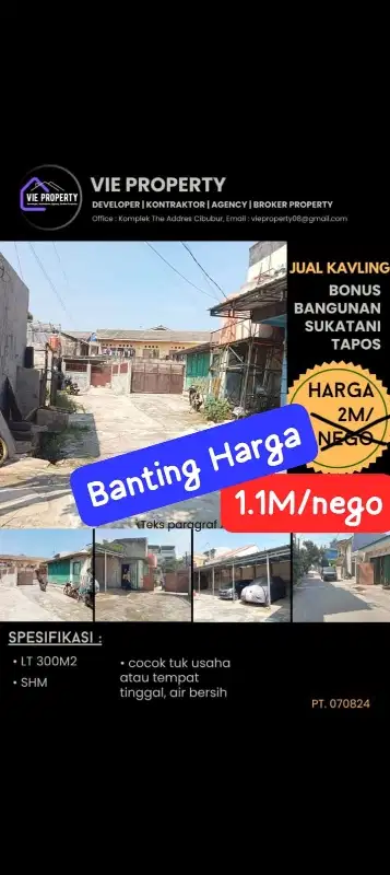 BANTING HARGA! DIJUAL TANAH PLUS BONUS BANGUNAN DI SUKATANI DEPOK