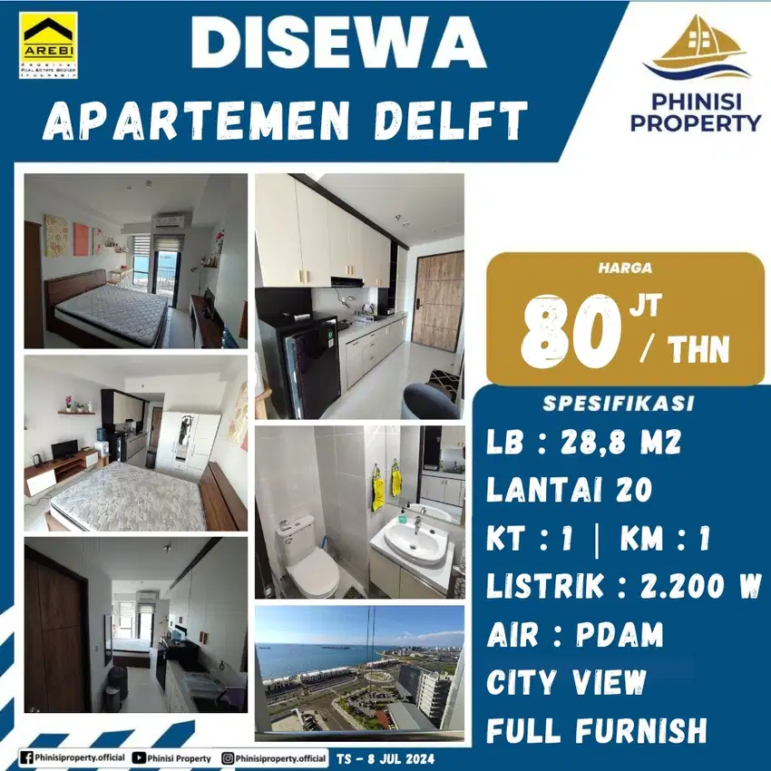 DISEWAKAN APARTEMEN DELFT LANTAI 20 FULL FURNISH CITY VIEW