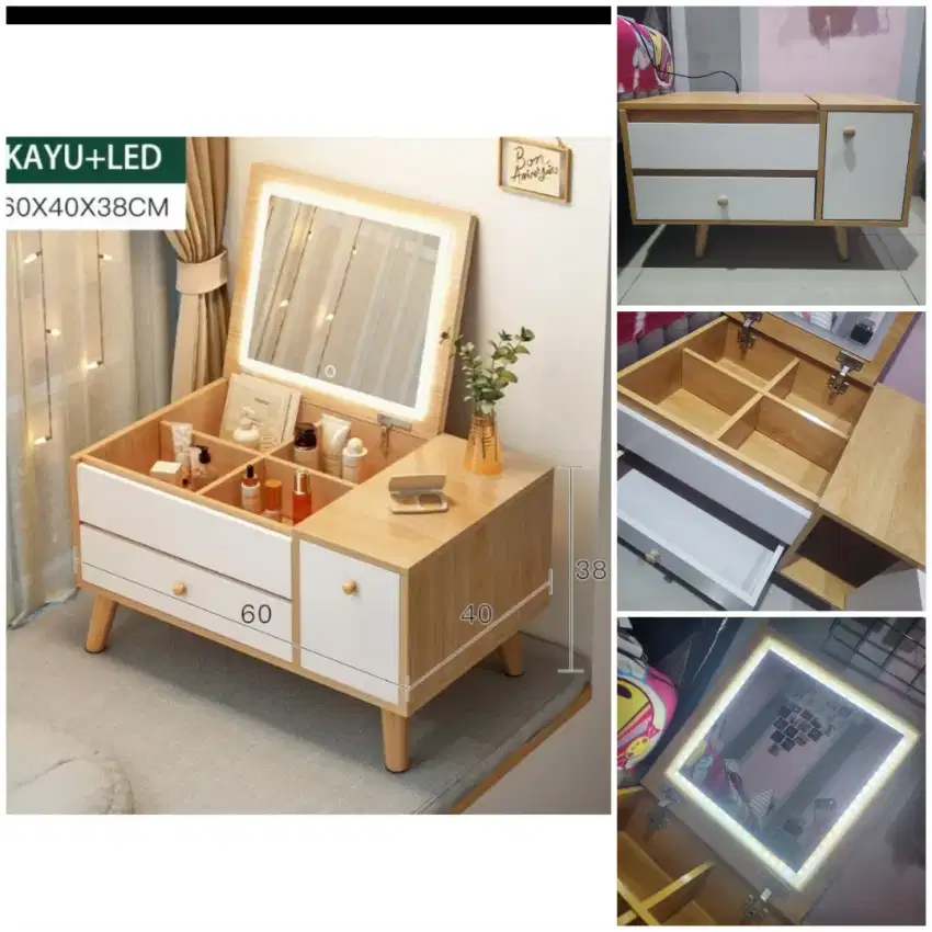 Meja Rias Minimalis - Warna Coklat Kayu dengan Lampu LED