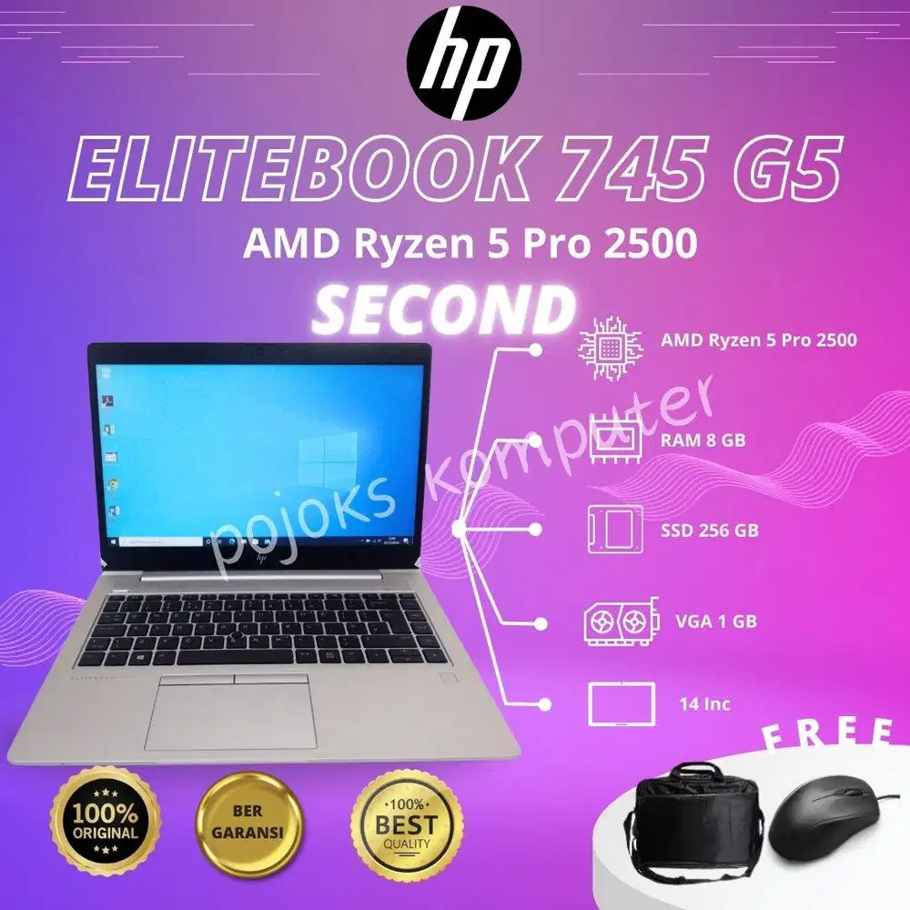 LAPTOP HP ELITEBOOK 745 G5 AMD RYZEN 5 PRO 2500 8GB 256 SSD NB SECOND