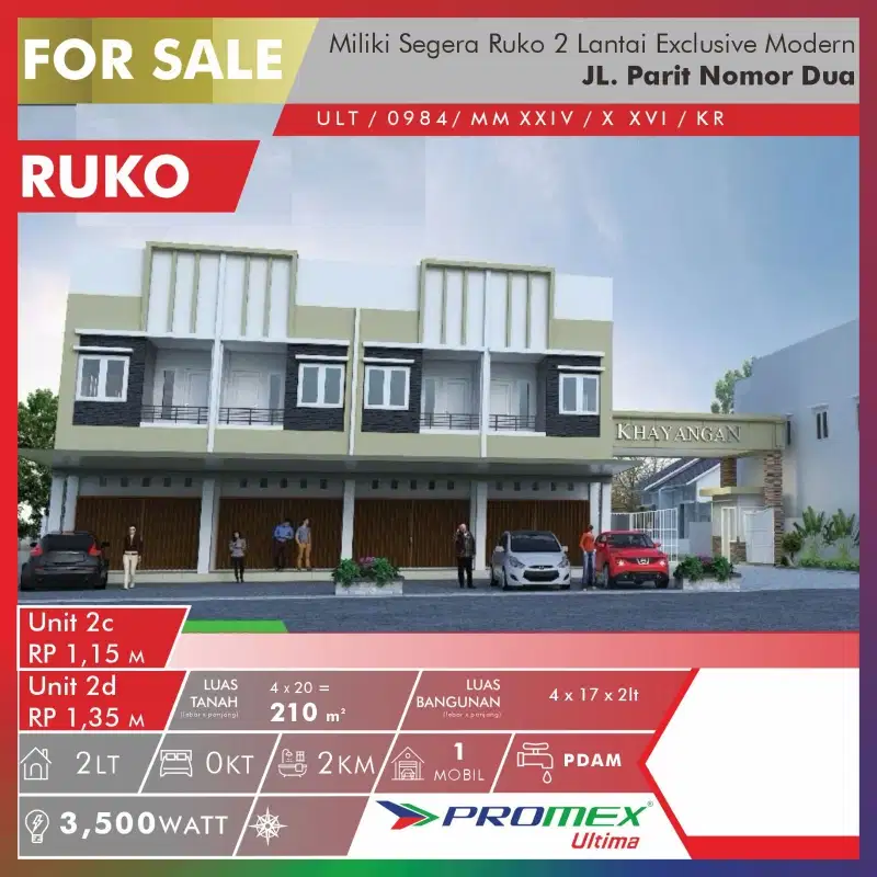 DIJUAL RUKO 2 LANTAI LOKASI EXCLUSIVE MODERN  JL. PARIT NOMOR 2 