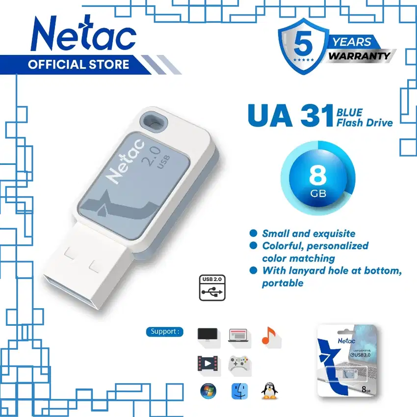Flashdisk Merek Netac UA31 USB 2.0 8GB Biru
