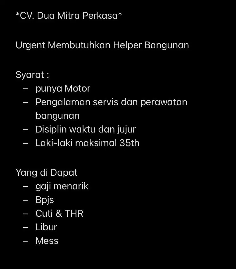 Di Cari Helper Bangunan Segera