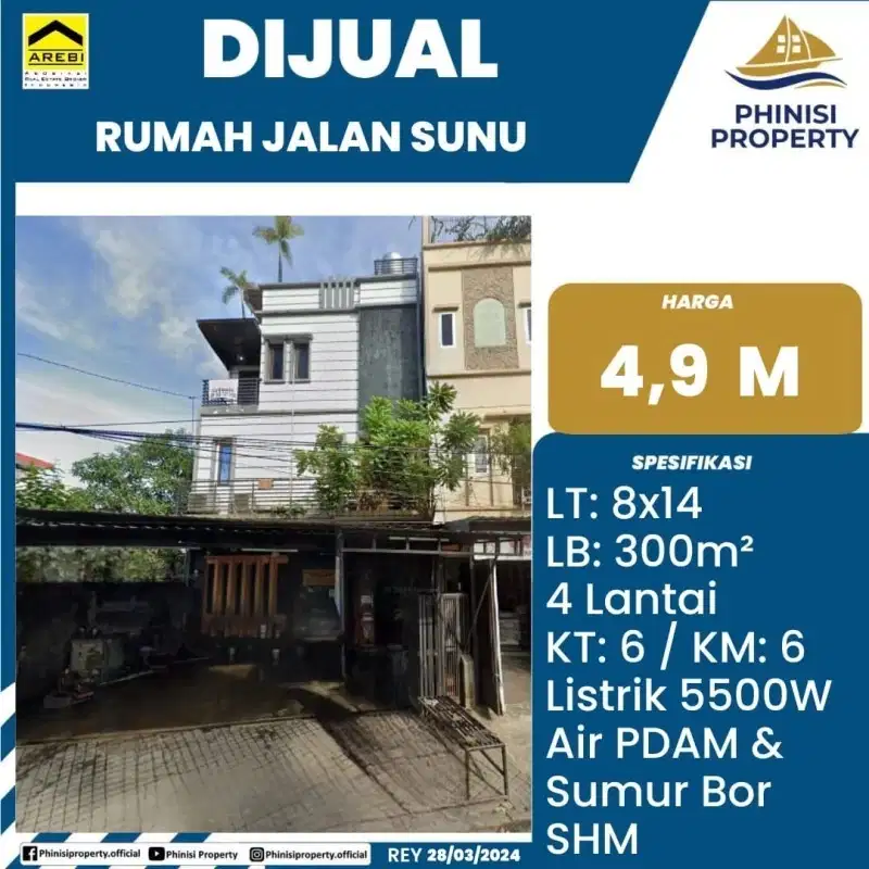 DIJUAL RUMAH 4 LANTAI DI JALAN SUNU DEKAT MASJID AL MARKAZ MAKASSAR