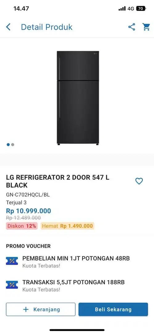 Kulkas LG 2 pintu seri GN-C702HQCL Rp. 10.999.000