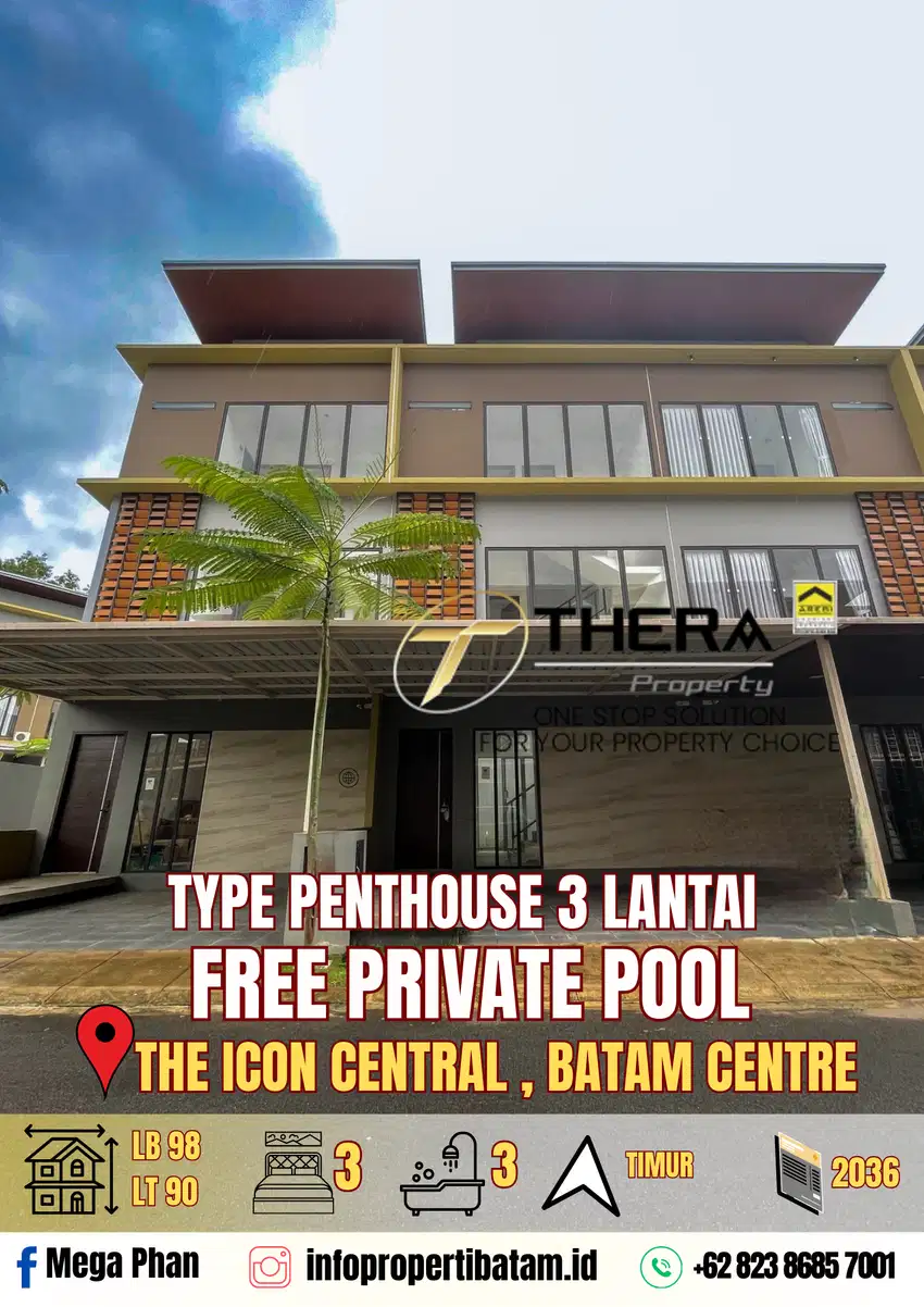 Rumah 3 lantai The Icon central hadap timur Free pool