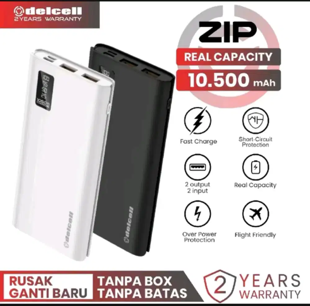 Delcell ZIP Powerbank 10500mAh Smart Charging 2.4A Garansi 2 Tahun