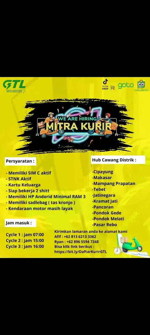 Dibutuhkan mitra kurir GTL Tiktok & Tokopedia