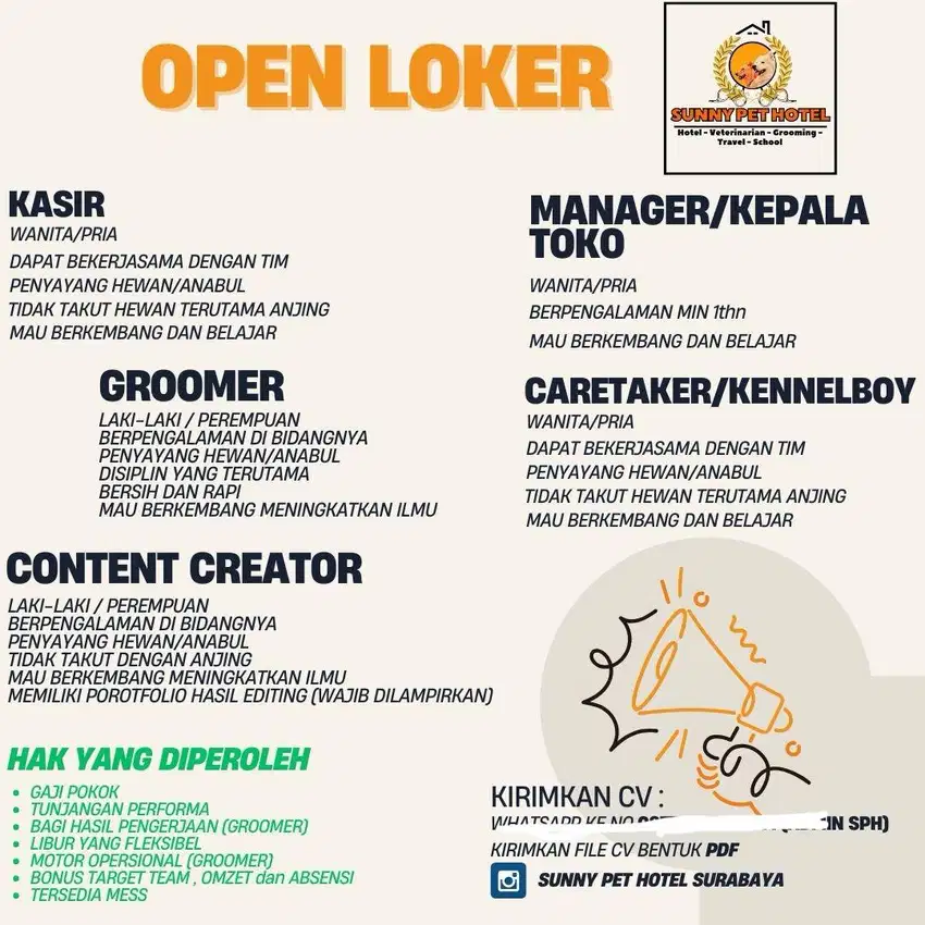 Loker Kepala toko, kennel boy, kasir ,groomer ,kontent kreator