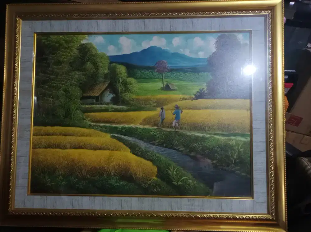 Lukisan pemandangan sawah dan gunung ukuran 80x100