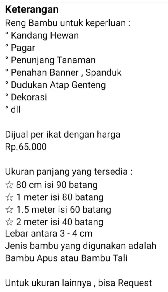 Reng Bambu Ukuran 80 cm - 200 cm
