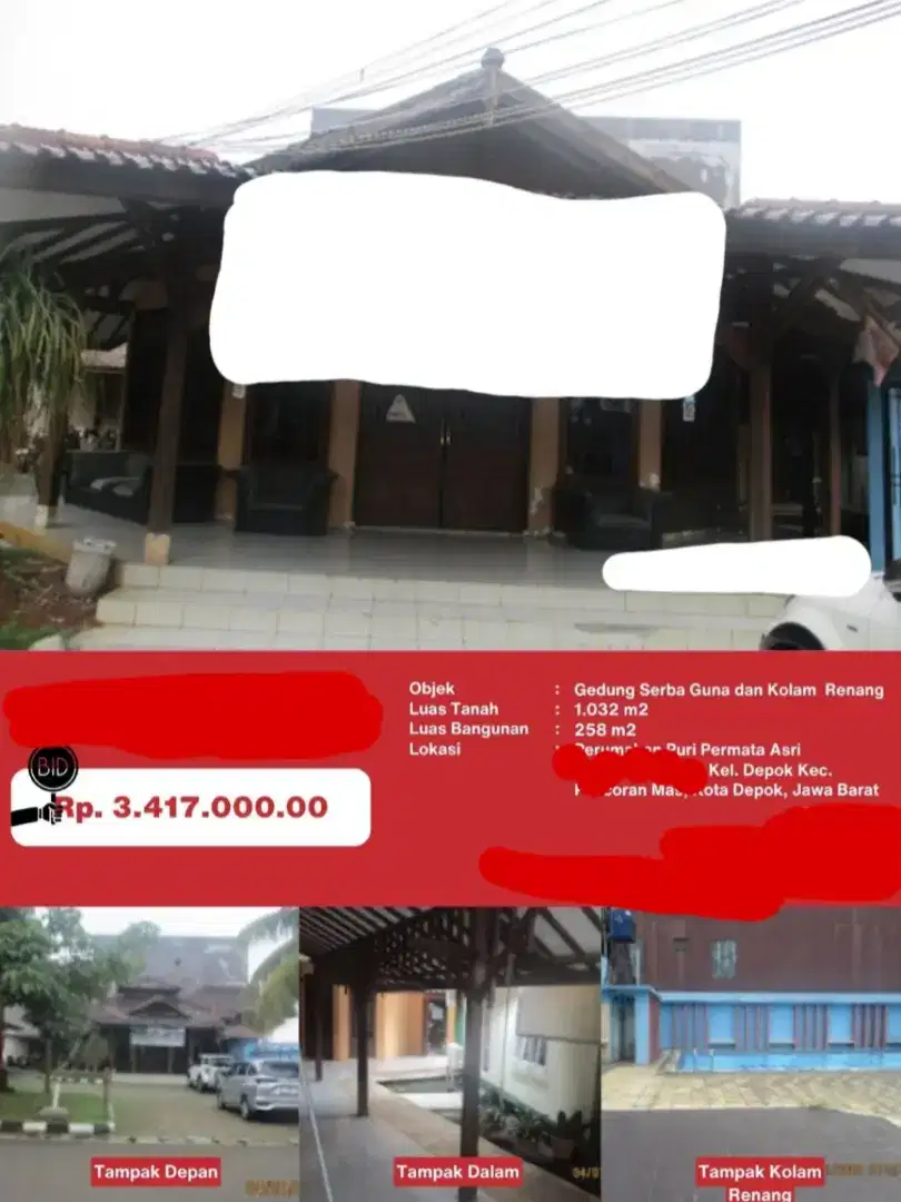 Dijual Gedung Serba Guna dan Kolam Renang Puri Permata Asri Depok