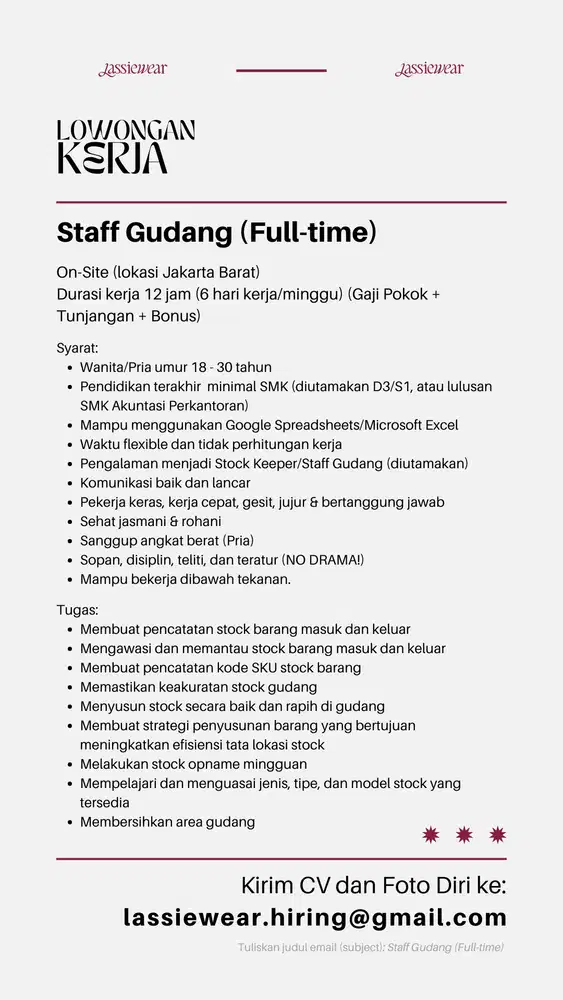 LOWONGAN KERJA STAFF GUDANG ONLINE SHOP OLSHOP JAKARTA BARAT