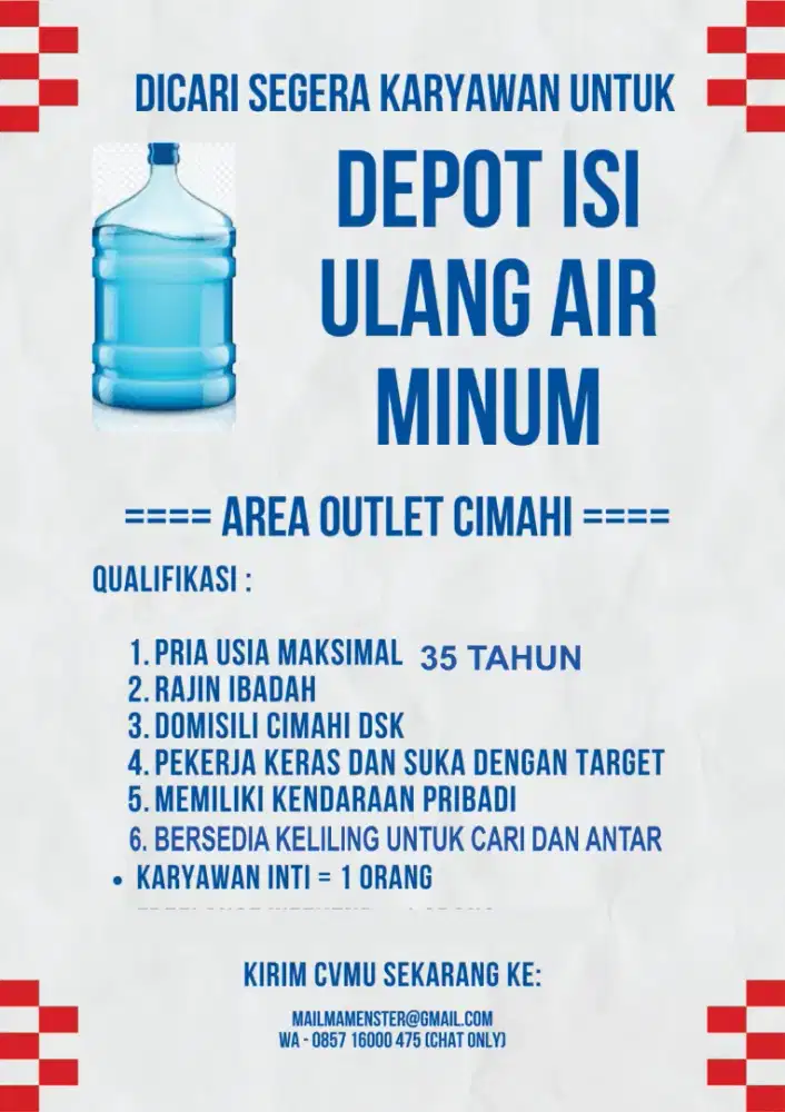 Lowongan depot isi ulang galon dan es kristal