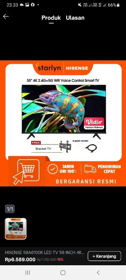 DIJUAL ANDROID/SMART TV UHD LED 4K 58/70 HISENSE/SHARP  non STB-kardus