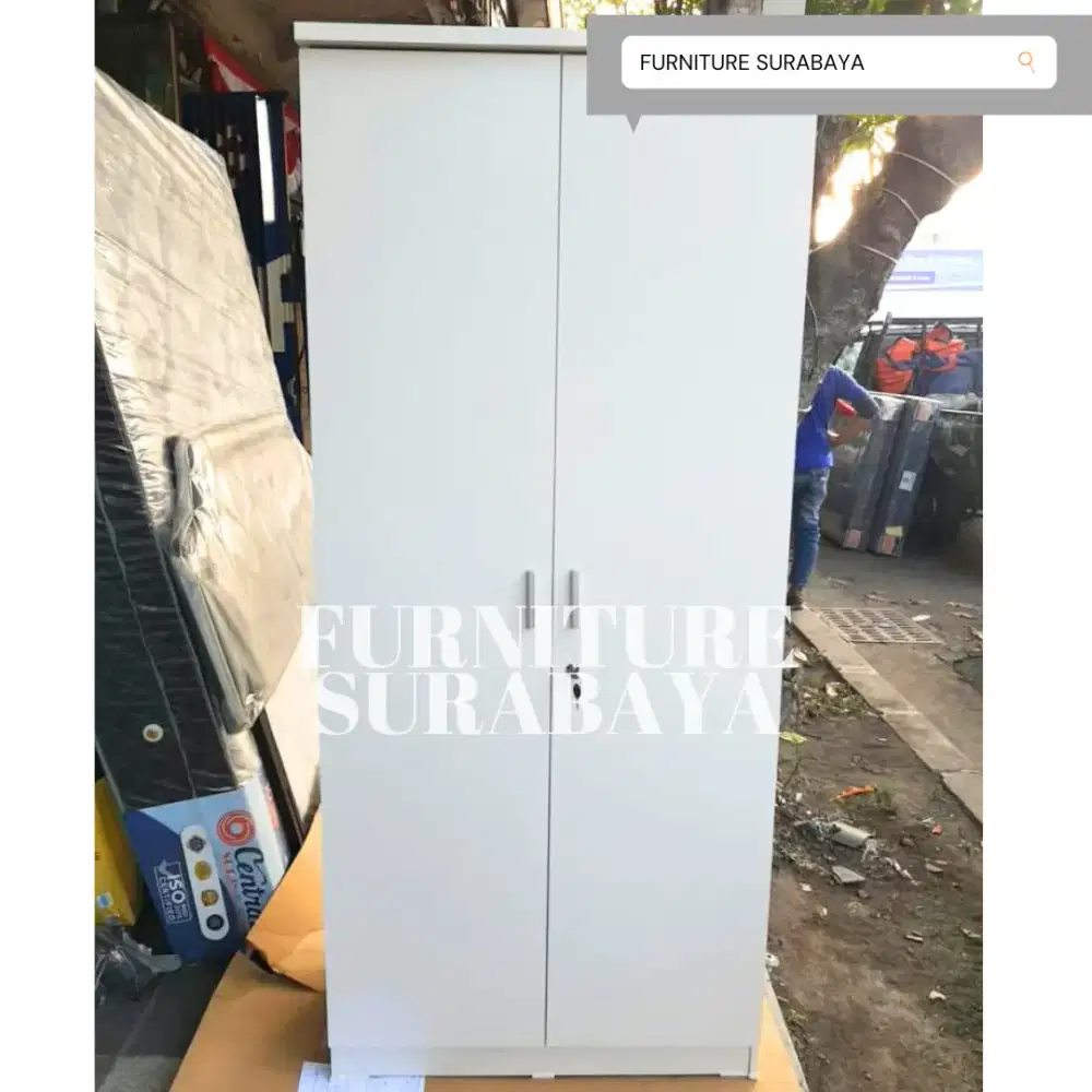 Lemari kayu partikel 2 pintu putih polos mewah kuat besar gantung rak