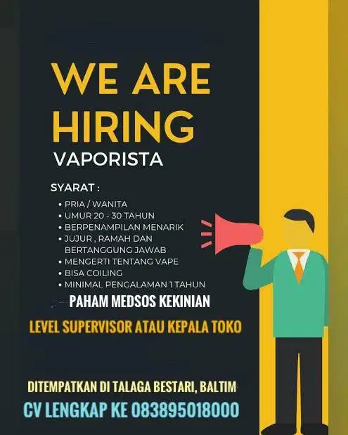dicari supervisor / kepala toko untuk toko vape