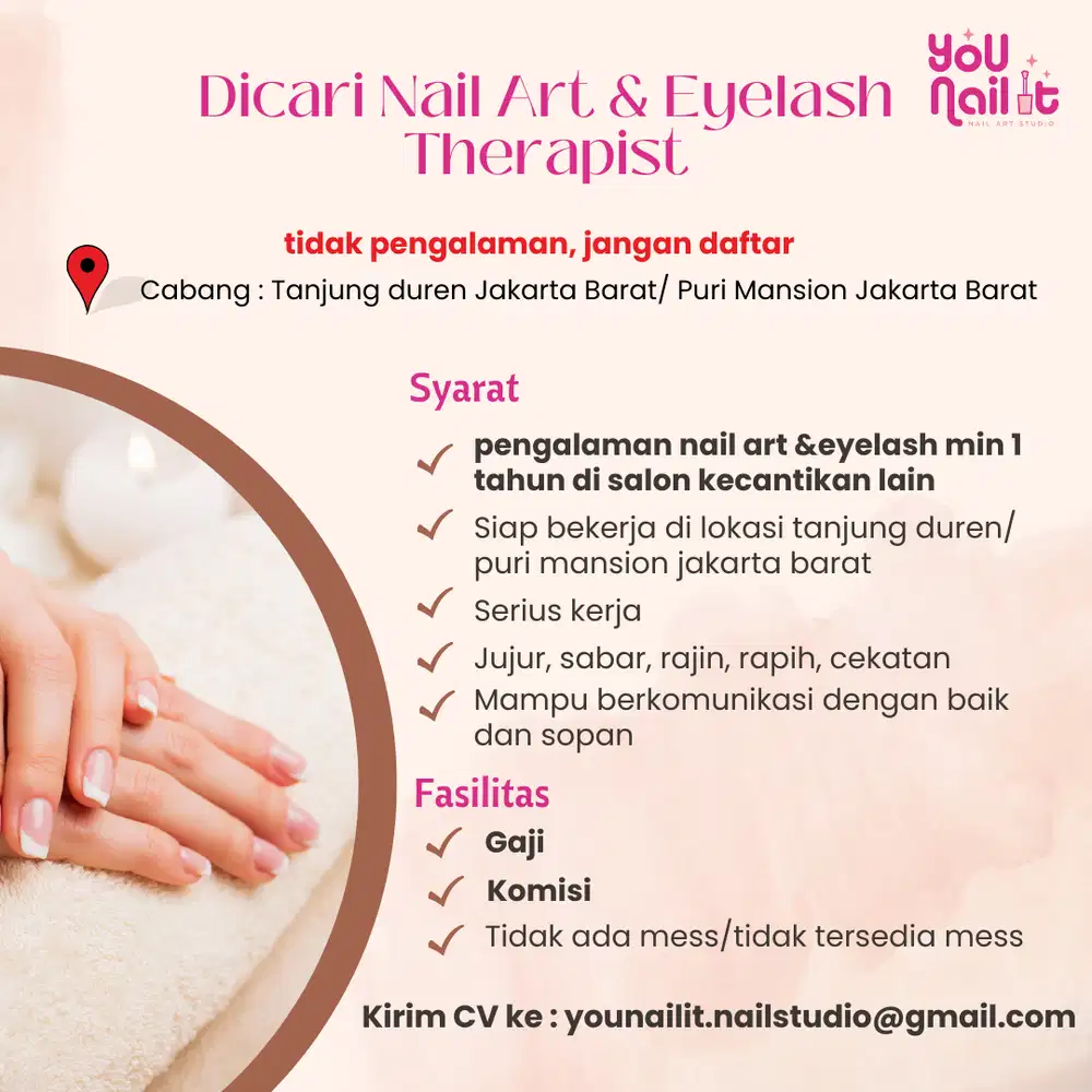 Dicari nail art therapist / nail artist / eyelash therapist