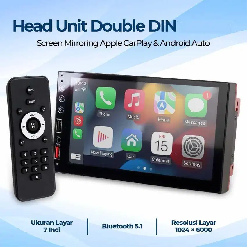 Headunit Double Din Apple Carplay Android Auto 7 inch