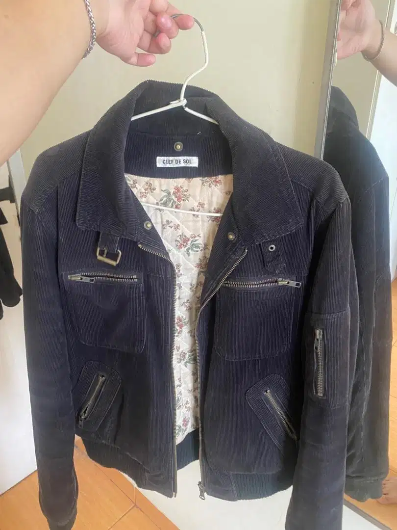 Jaket biker corduroy navy pria