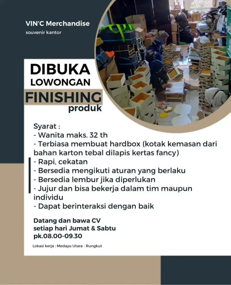 Dibutuhkan Karyawati Bagian Finishing Produk
