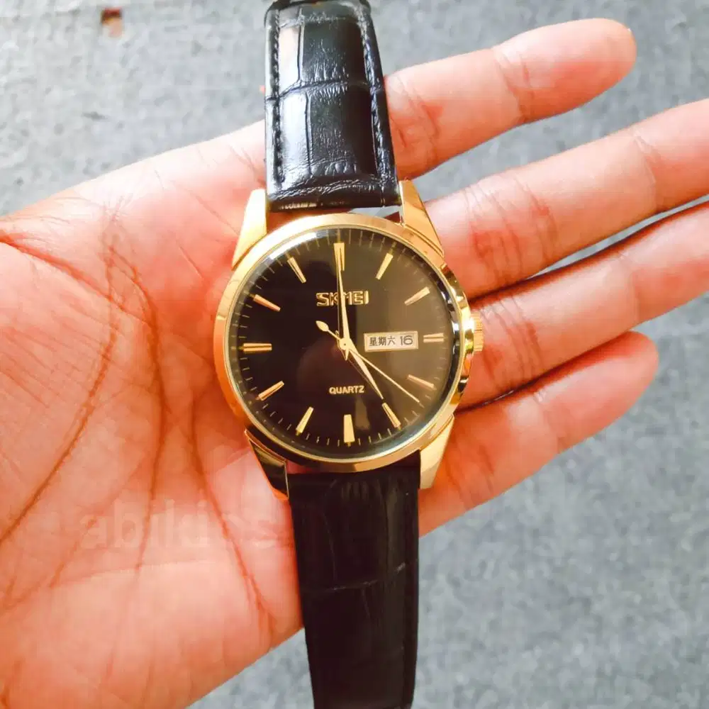 Jam tangan analog pria original gold kulit ab9073 simpel ada tanggal