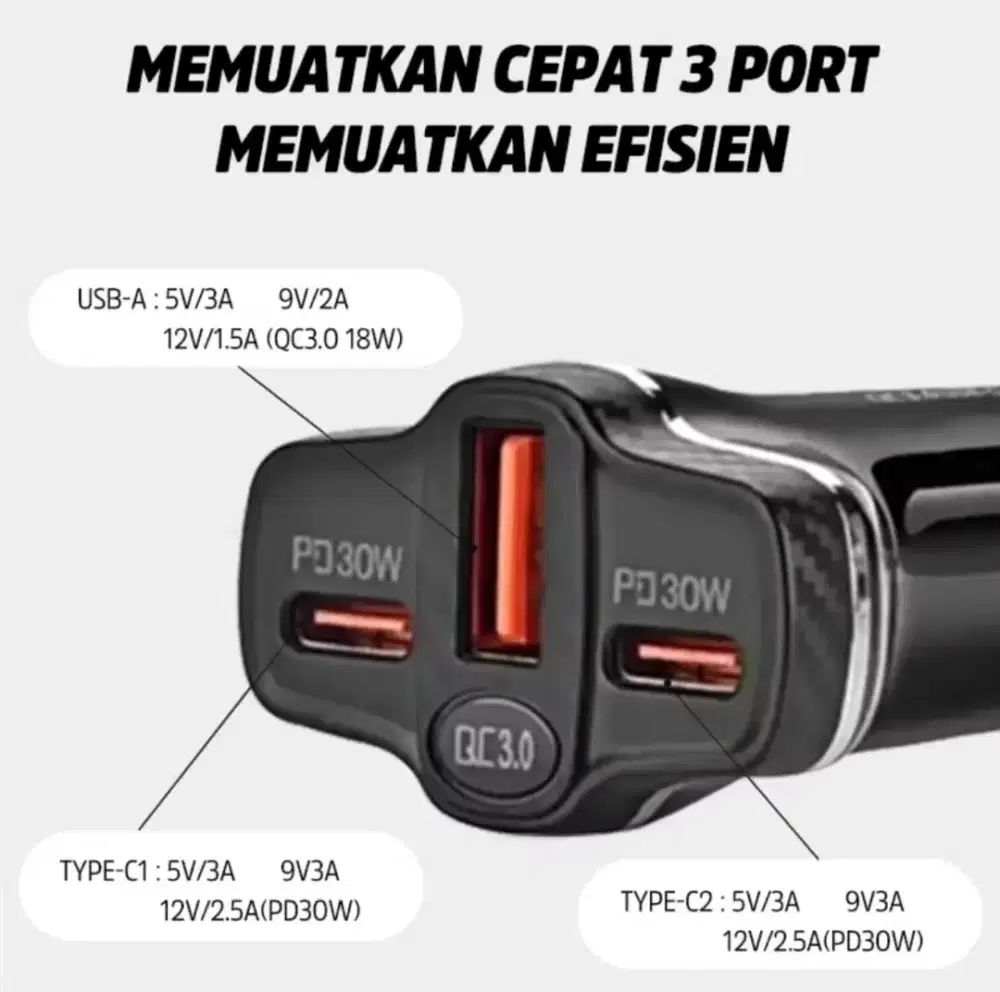 KIVEE Car Charger Mobil Type C Fast charging 78W 3-in-1