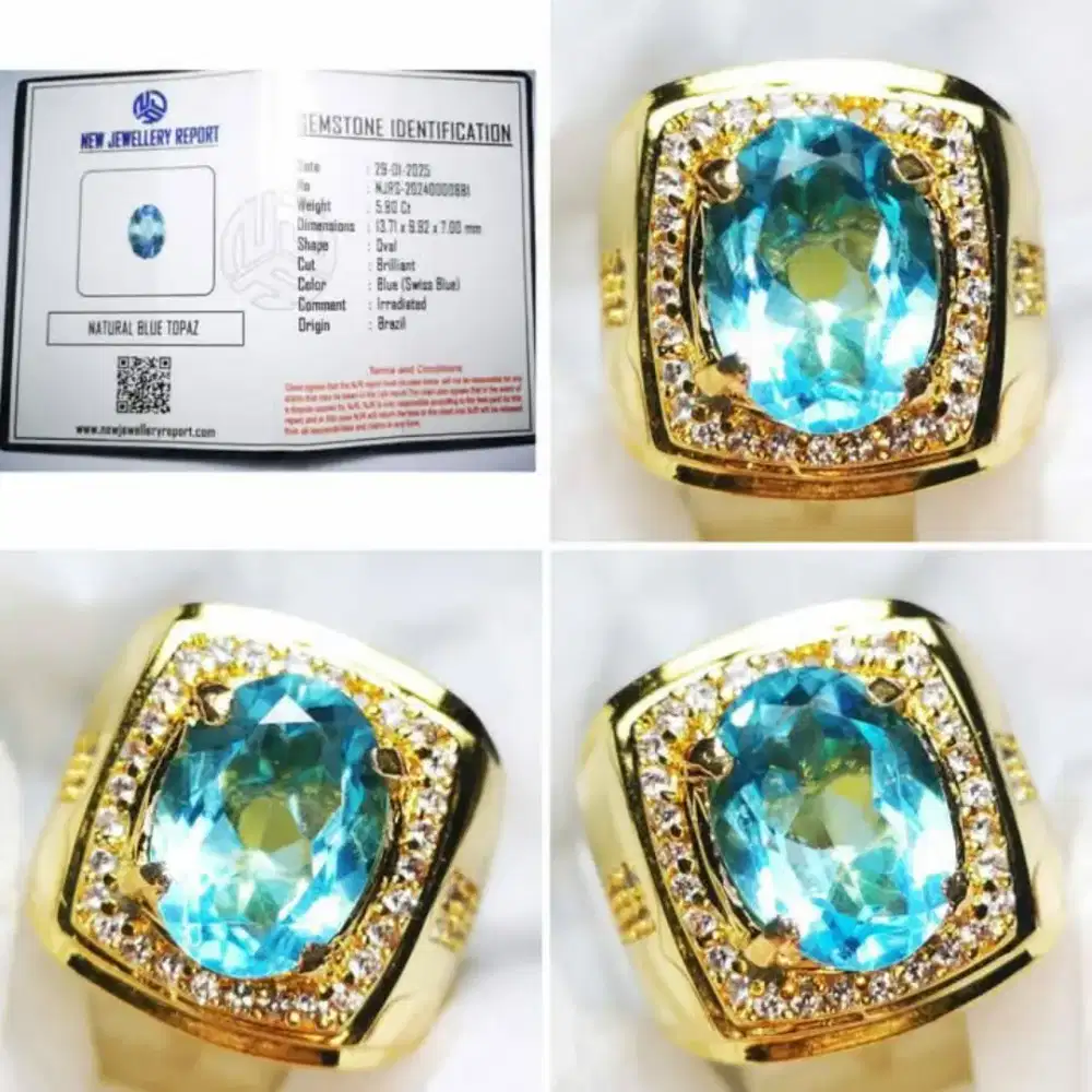 Natural Cincin Batu Blue Topaz Swiss Plus Sertifikat top luster