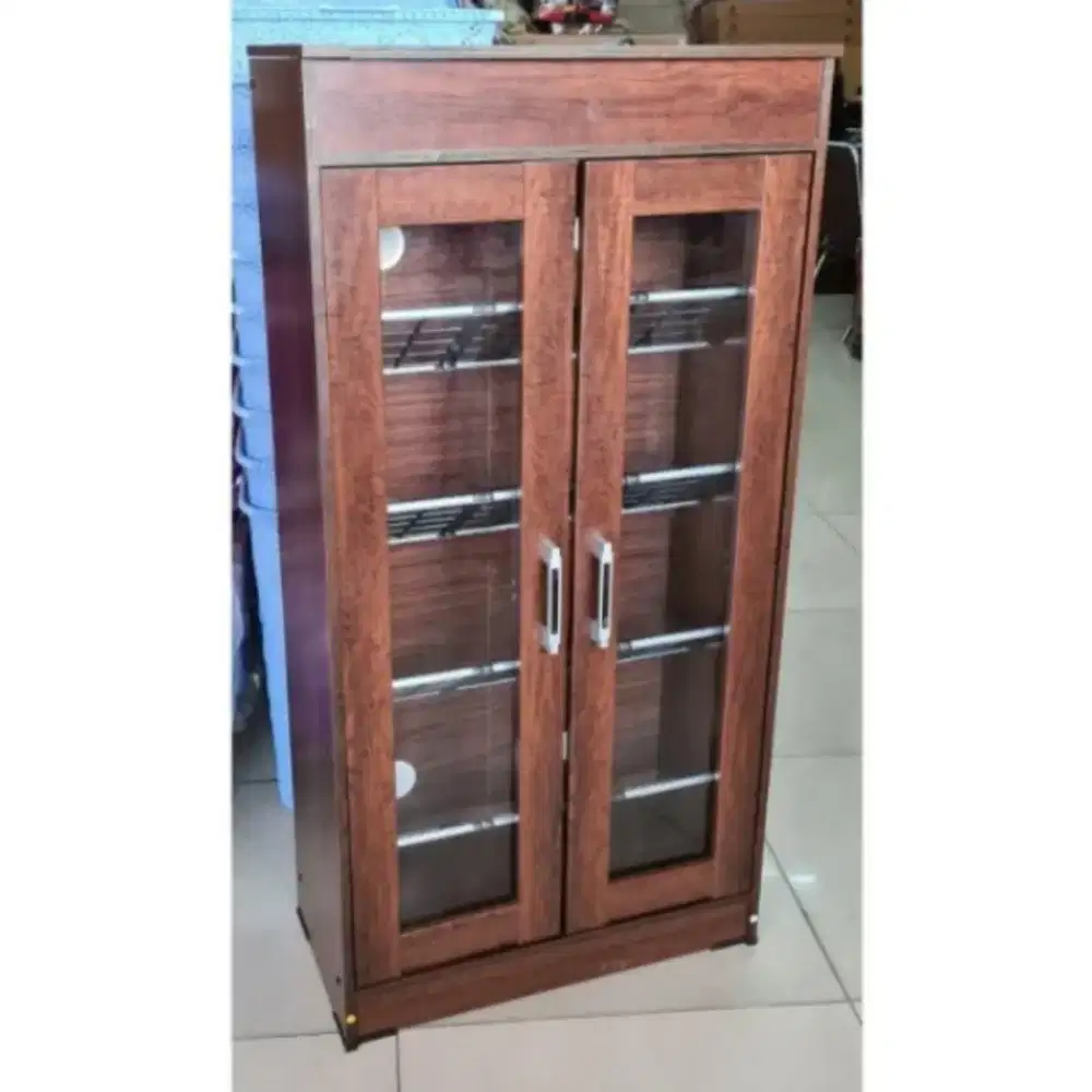 Rak sepatu kaca minimalis kayu 15 pasang dengan rak serbaguna