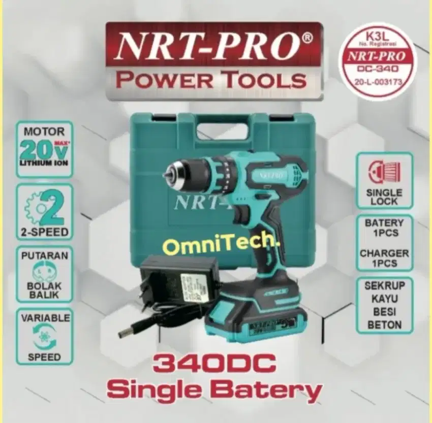 Mesin Bor Beton Baterai Cordless Charger DC 340 NRTPRO 20V Bolak Balik