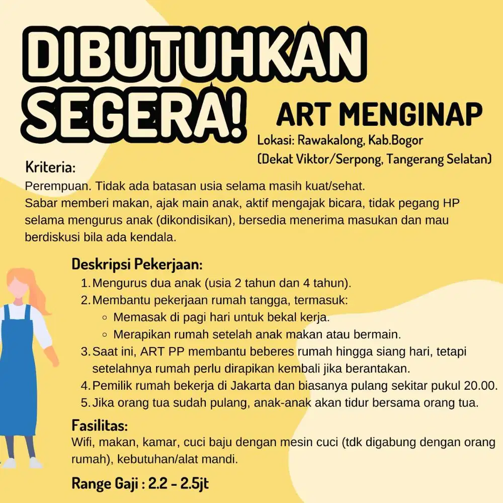 Dicari ART Menginap